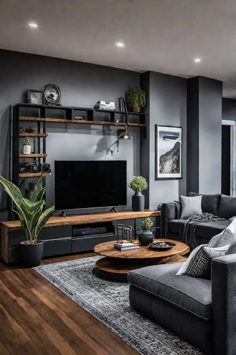 DIY living room decor 2 Bachelor Flat Decor Ideas, Masculine Living Room Decor House, Living Room Men Apartment, Bachelor Home Decor Masculine Interior, Masculine Decorating Ideas, Men’s Living Room Ideas, Man Living Room Ideas, Masculine Interior Design Living Room, Masculine Living Room Decor