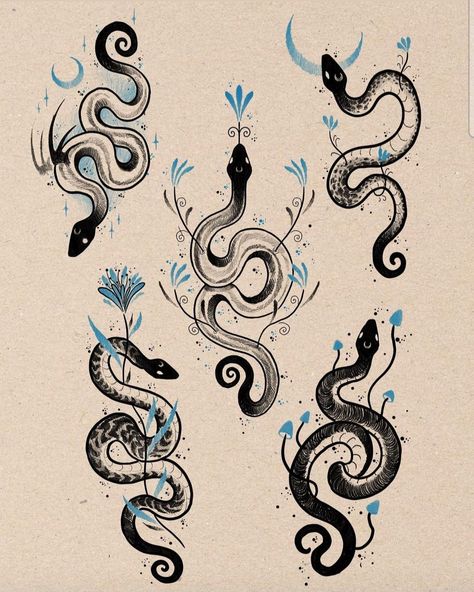 Snake Side View Drawing, Mystical Animal Tattoos, Snake Illustration Tattoo, Brown Snake Tattoo, Wraparound Snake Tattoo, Cybersigilism Snake Tattoo, Pomegranate Snake Tattoo, Snake Filler Tattoo, Snake Tatoos Aesthetic