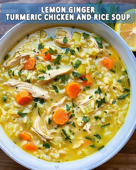 Yay Recipes - Lemon Ginger Turmeric Chicken and Rice Soup... Chicken Soup Ginger Tumeric, Chicken Soup With Ginger And Tumeric, Lemon Turmeric Chicken Soup, Lemon Ginger Turmeric Chicken And Rice Soup, Chicken And Ginger Soup, Turmeric Ginger Chicken Soup, Chicken Soup Ginger, Lemon Tumeric Chicken Soup, Chicken Tumeric Stew