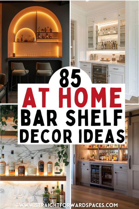 collection of 85 at home bar shelf decor ideas featuring lit shelves, wooden bar styles, and creative floating shelf designs. At Home Bar Design, Shelves Over Bar Cart, Bar Shelf In Dining Room, Mirrored Bar Wall With Shelves, Bar Design Home Small Spaces, Small Bar In Living Room Ideas, Indoor Bar Decor Ideas, Home Bar With Glass Shelves, Home Bar Cupboard