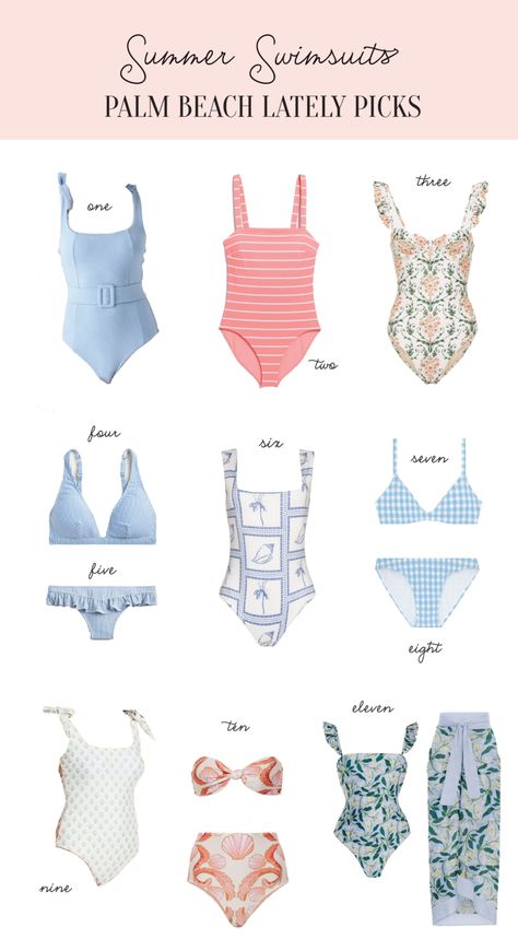 Blue belted bow suit/ 2. Pink Striped One Piece / 3. Floral One Piece / 4. Seersucker Bikini Top / 5. Ruffle Seersucker Bikini... Nyc Guide, Floral One Piece, Summer Swim, Beach Shop, Striped One Piece, Swim Shop, Summer Swim Suits, Blue Swimsuit, Blue Gingham