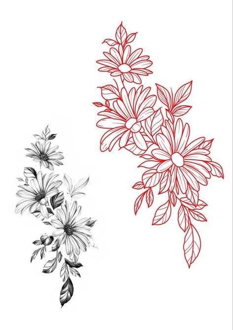 Flowers And Geometry Tattoo, Daisy Flowers Drawings, Back Of Thigh Flower Tattoo, Aster Tattoo Flower, Flower Half Sleeve Tattoos For Women Floral Art Designs, Floral Tattoo Linework, Long Flower Tattoo Design, Stencil Flower Tattoo, Asters Flower Tattoo