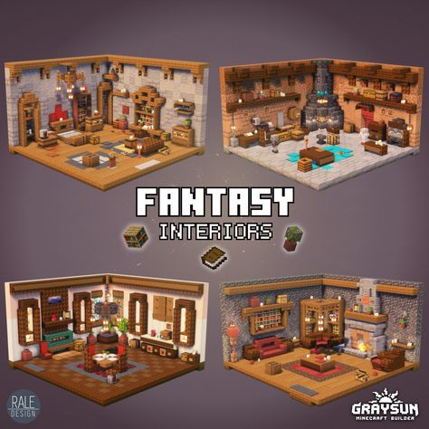 4 fantasy interior designs for minecraft. Check my patreon to download my builds. Minecraft Studio Apartment, Minecraft Fantasy Interior Design, Minecraft Interior Builds, Minecraft Town Hall Interior, Minecraft Stairway, Minecraft Fantasy Interior, Door Design Minecraft, Minecraft Cozy Interior, Minecraft Table Design