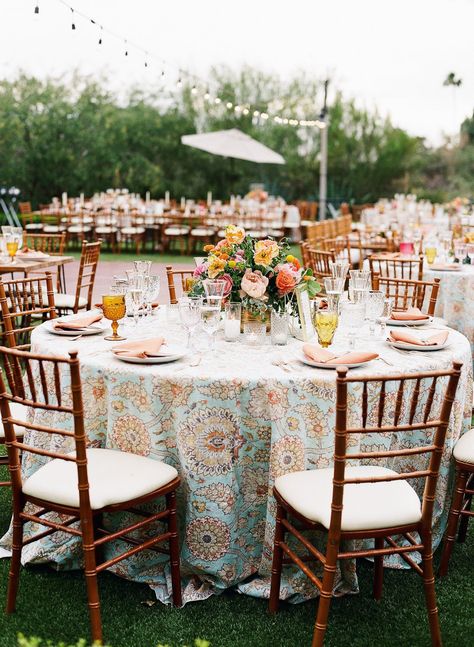 Printed Tablecloth Wedding, Printed Table Cloth Wedding, Wedding Decor For Round Tables, Wedding Table Round, Round Tables Wedding, Mexican Parties, Wedding In Arizona, Round Wedding Tables, Round Decoration