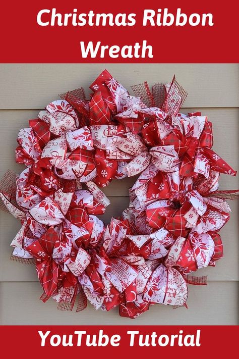 Burlap Christmas Wreath Tutorial, Ribbon Wreath Christmas Diy, How To Make Mesh Ribbon Wreaths, Christmas Wreaths Diy With Ribbon, Making Wreaths With Ribbon, Making Ribbon Wreaths Step By Step, Christmas Ribbon Wreath Tutorial, Ribbon Wreaths Christmas, How To Ribbon Wreath