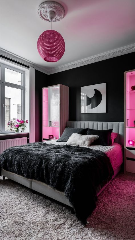 Step into a world of empowerment in this bold modern bedroom. The dramatic black bed exudes confidence, accented by vibrant pink LED lights that pulse with energy. A plush, fluffy carpet softens the space, inviting you to lounge or host friends. With edgy artwork and chic décor, this room captures the essence of a strong, independent woman in her 20s, making it an inspiring backdrop for your journey. Edgy Artwork, Woman In Her 20s, Strong Independent Woman, Pink Led Lights, Fluffy Carpet, Girl Apartment Decor, Girl Apartment, Apartment Decorating Living, Black Bed