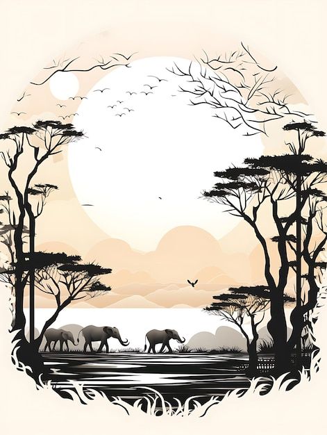 Cadre De Silhouette De La Faune Africain... | Premium Photo #Freepik #photo #texture #abstrait #dessin #grece African Landscape Tattoo, African Illustration Art, Safari Animal Drawings, African Safari Tattoo, Africa Scrapbook, Safari Drawing, Jungle Tattoo, Wood Burning Patterns Stencil, Tattoo Lion