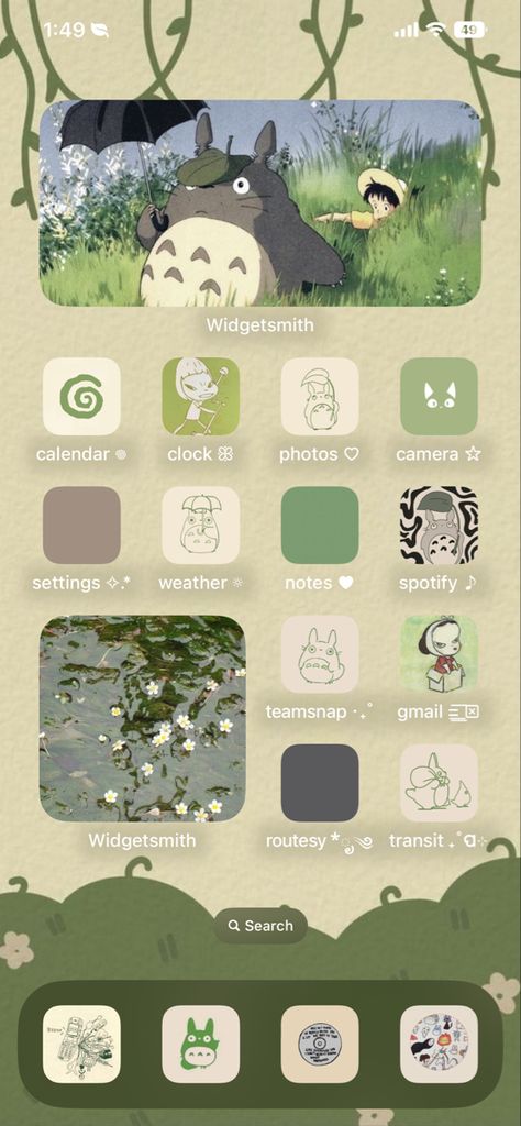 Ghibli Studio Widget, Gibli Studio Aesthetic Icon, Cute Wallpapers Studio Ghibli, Ios 16 Wallpaper Studio Ghibli, Phone Wallpaper With Widgets, Studio Ghibli Aesthetic Widget, Phone Theme Ideas Studio Ghibli, Totoro Homescreen Layout, Totoro Themed Phone