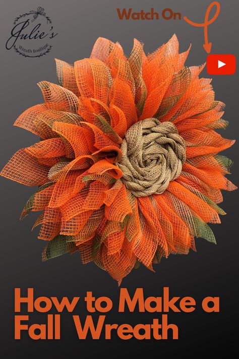 Fall is just around the corner and it's time to start thinking about a new wreath for your fall decor! This beautiful fall flower is just the pop you are looking for. Are you looking for a new center that's different from your usual option? Julie shows you in this step by step youtube tutorial how to create this amazing center for your mesh flower wreath. It creates a whole new look for whatever color options you choose.
#meshwreath #falldecor #flowerwreath #youtubetutorial #julieswreathboutique Autumn Wreaths For Front Door Diy, Thanksgiving Mesh Wreath, Fall Flower Wreath, Mesh Flower Wreath, Make A Fall Wreath, Mesh Decorations, Wreath Centers, Fall Wreath Tutorial, Fall Diys