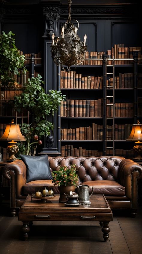 Dark Academia Built In, British Explorer Aesthetic, Dark Teal Library, Light Moody Interior Design, Gothic Revival Living Room, Dark Reading Nook, Dark Brown Leather Couch Decor, Moody Library Aesthetic, Gentlemans Club Aesthetic