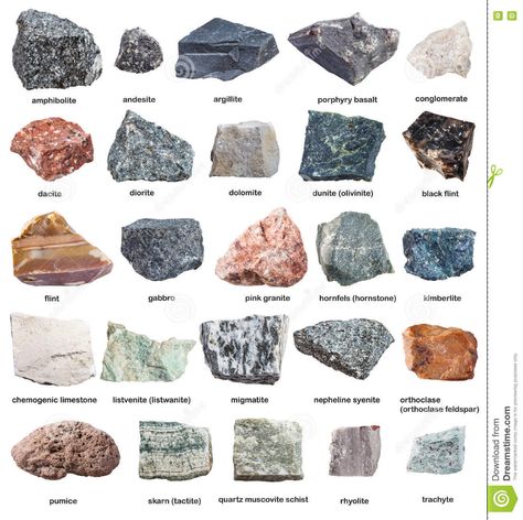 Various Raw Rocks With Names Isolated On White Stock Image - Image of muscovite, dacite: 77285469 Rock Identification Pictures, Geology Rocks Mineral, Crystal Identification, Raw Gemstones Rocks, Rock Identification, Rock And Minerals, Free Art Print, Rock And Pebbles, Metamorphic Rocks