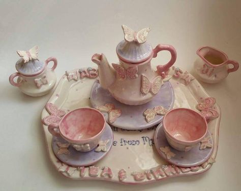 Butterfly Child Sized Tea Set | Etsy Tea Sommelier, Make Butterflies, Cookie Plate, Butterfly Kids, Tanah Liat, Porcelain Tea Set, Large Tray, Pottery Crafts, Teapots And Cups