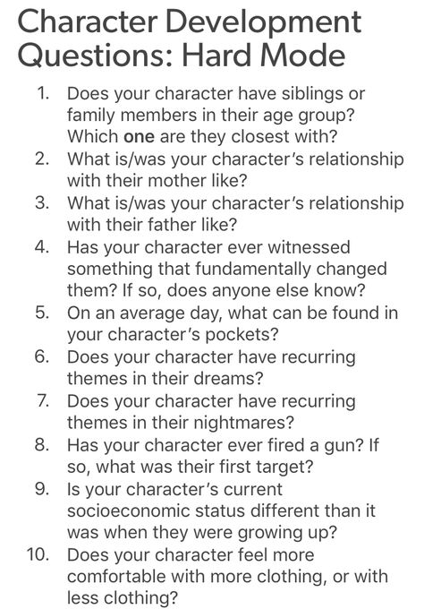 Character development questions part II https://character-creation-resources.tumblr.com/post/174065449202/character-development-questions-hard-mode Questions For Dnd Character, Character Creation Prompts, Questions To Ask Ocs, Questions About Characters, Character Development Tips, Headcanons For Characters, Dnd Character Building Questions, Story Creation Ideas, How To Write Character Development