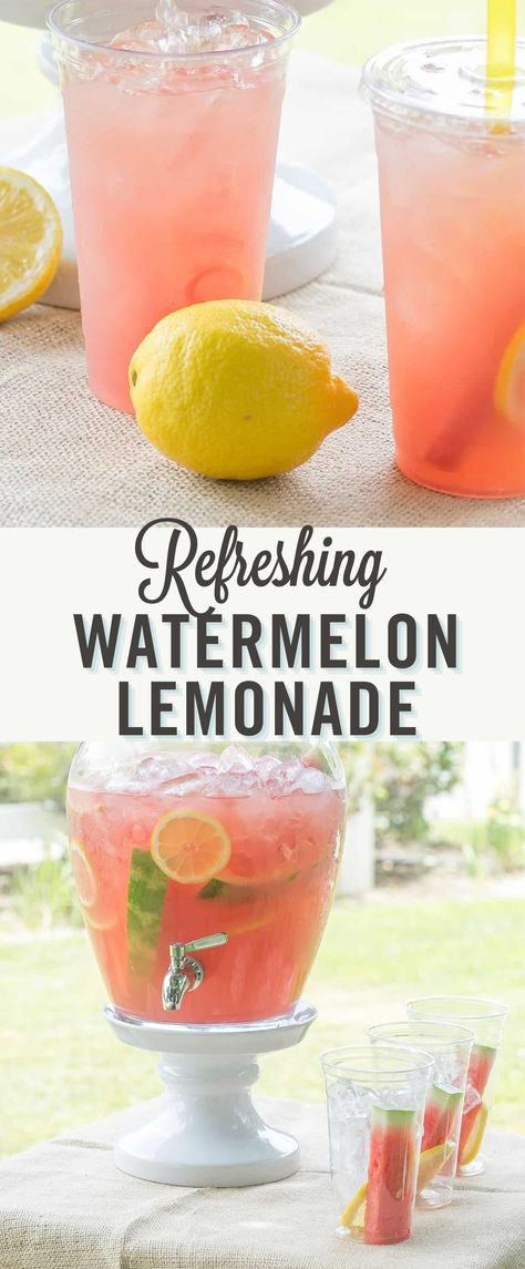 Looking for a refreshing unique lemonade recipe? Try this refreshing and easy watermelon lemonade recipe that is perfect for summer parties! It’s light and citrusy and can be made with homemade lemonade or store-bought lemonade. Perfect for a summer gathering! Homemade Watermelon Lemonade, Cute Lemonade Stand Ideas Diy, Strawberry Watermelon Lemonade, Gourmet Lemonade Recipes, Fun Lemonade Drinks, Bulk Lemonade Recipe, 5 Gallon Lemonade Recipe, Large Batch Lemonade Recipe, Low Sugar Lemonade