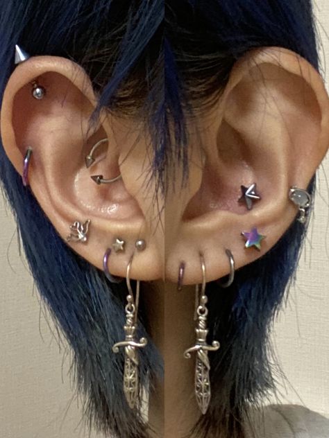 Jewelry from 4mili, Roque and Rin 3 Hole Ear Piercing Earrings, Piercing Set Up, Ear Piercing Sets, Ear Setup, Snug Piercing, Piercing Inspo, Cool Ear Piercings, Pretty Ear Piercings, Face Piercings