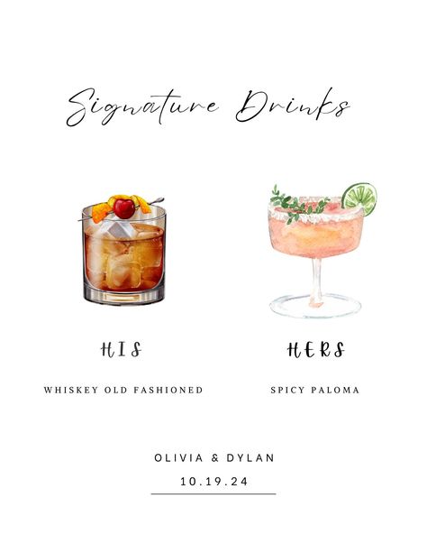 His and hers drink wedding sign that showcases your unique signature cocktails.  Simply download the template, edit to your desired drink offerings, and print as many copies as you would like to show prominently at your wedding reception to guide your guests to your personal taste. Let your guests indulge in your creative cocktails with this elegant His and Hers Drink Sign Template. Cheers and Congratulations on your special day! His And Her Specialty Drinks Wedding, His Hers Wedding Cocktails, Wedding His And Her Favorites, His And Hers Signature Drinks, Wedding Cocktail Hour Drinks, Easy Signature Cocktails Wedding, His And Her Wedding Drinks, His And Her Drink Sign, His And Hers Cocktail Sign