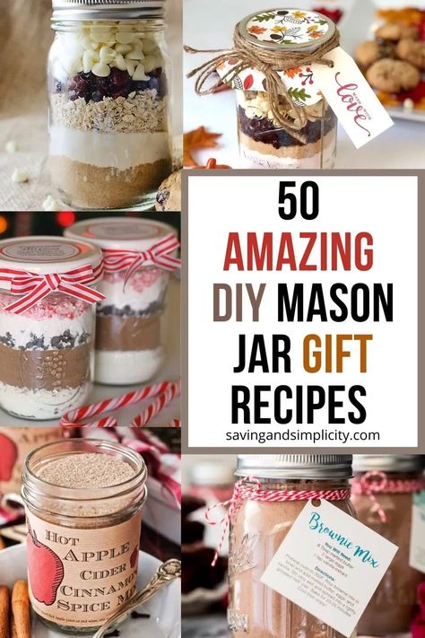 Discover 50 amazing mason jar recipes you can gift all year. DIY gifts in a gar. Cookie recipes in a mason jar, hot cocoa mix in a mason jar and so much more. Mason jar gifts including baking mixes in a jar, meals in a jar, soup mixes in a jar and other amazing mason jar crafts prefect for holiday gift giving. Christmas Crafts To Sell Make Money Mason Jars, Mason Jar Sweets, Dry Cake Mix Recipe In A Jar, Mason Jar Teacher Gifts Christmas, Homemade Muffin Mix In A Jar, Dips In A Jar Gifts, Soup Kits In A Jar, Hot Cocoa Jars Gift, Gluten Free Mason Jar Gifts