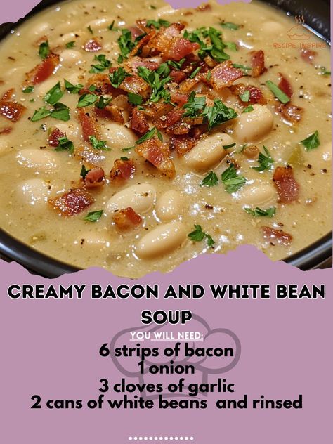 🥓🍲 Experience ultimate comfort with our Creamy Bacon and White Bean Soup! Rich, hearty, and oh-so-delicious! #SoupSeason Creamy Bacon and White Bean Soup Ingredients: - 6 strips of bacon, chopped - 1 onion, diced - 3 cloves of garlic, minced - 2 cans of white beans, drained and rinsed - 4 cups of chicken broth - 1 cup of heavy cream - Salt and pepper to taste - Fresh parsley for garnish Instructions: 1. In a large pot, cook bacon until crispy. Remove bacon and set aside, leaving 1 tbsp of ... Bean Soup With Bacon, White Bean Sausage Soup, Bean Soup Crockpot, Bean And Sausage Soup, Bacon Soup Recipes, Bean And Bacon Soup, Soup With Bacon, White Bean Recipes, White Bean Soup Recipes