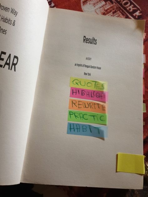 A book with annotations tags on it, different rainbow colors tags. With text to describe the context of it. Atomic Habits Book Notes, Atomic Habits Annotation, Atomic Habits Book, Annotation Tips, Habits Book, Book Annotation Tips, Book Decorations, New York Quotes, Habit Books