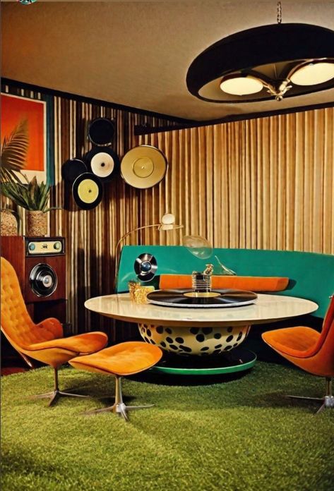 Space Age Dining Room, 60s Space Age Interior, Atomic Interior, 60s Dining Room, Space Age Kitchen, Retro Futurism Interior, 60s Interior Design, 60s Living Room, 70s Apartment