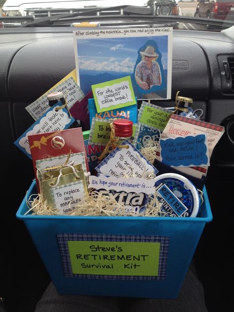 Retirement Survival Kit Retirement Box Ideas, Retirement Kit For Men, Retirement Survival Kit Ideas Funny, Retirement Survival Kit Woman, Retirement Survival Kit For Men, Retirement Survival Kit Ideas, Retirement Baskets For Men, Diy Retirement Gift Ideas, Retirement Basket