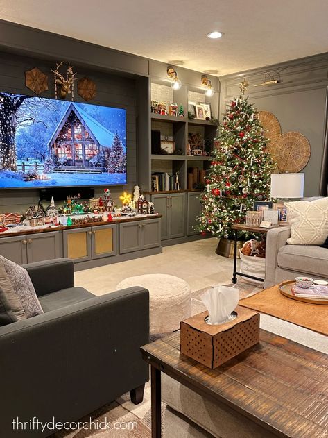 Tour of our Cozy Christmas Basement! | Thrifty Decor Chick | Thrifty DIY, Decor and Organizing Decorating Basement For Christmas, Christmas Decor Ideas For Basement, Basement Christmas Decorating Ideas, Basement Christmas Decor, Christmas Basement, Basement Den, Basement Living Room, Basement Decoration, Holiday Mason Jar