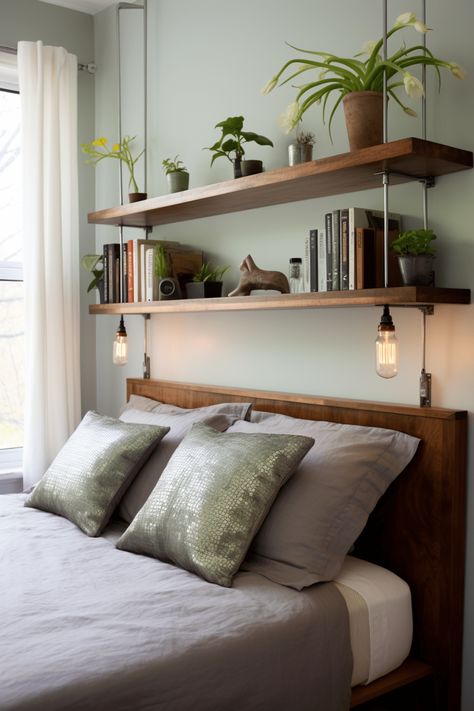 Shelving Headboard Ideas, Floating Shelves Above Bed Headboards, Bed Wall Storage Ideas, Shelving Bedroom Ideas, Bookshelf As Headboard, Head Of Bed Decor, Shelf As Headboard, Corner Bed Shelves, Floating Shelf Above Bed With Lights