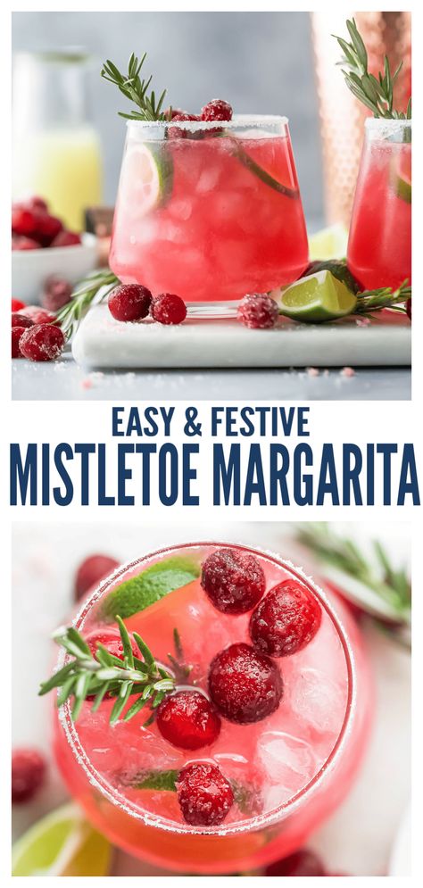 This Mistletoe Margarita is a festive cocktail made with cranberry juice, orange liquor, fresh lime juice and tequila for the perfect sip. Make it ahead in a pitcher or single serve - just be sure to garnish this margarita with fresh rosemary and sugared cranberries for that extra pop! #holidaycocktail #mistletoemargarita #margaritarecipe #holidaydrink #pitchercocktails #christmasmargarita #christmascocktail Christmas Drinks By The Pitcher, Winter Margarita Recipe Pitcher, White Christmas Margarita Pitcher Recipe, Mistle Toe Margaritas, Holiday Pitcher Drinks Alcohol, Cranberry Lime Margarita, Drink Garnish Station, Mistletoe And Margs Party, Cranberry And Tequila