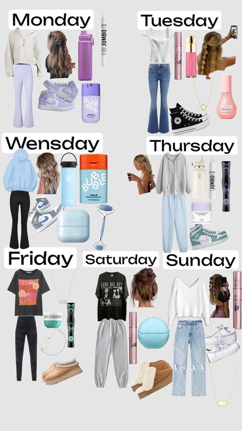 Outfits of the week! #beauty Outfit Of The Week For School, Days Of The Week Outfits School, Outfits Of The Week Summer, Weekly Outfit Planner For School, Outfits For Everyday Of The Week, Outfits For Days Of The Week, Day Of The Week Outfits, Weekly Outfits For School, School Outfits Middle School 6th Grade