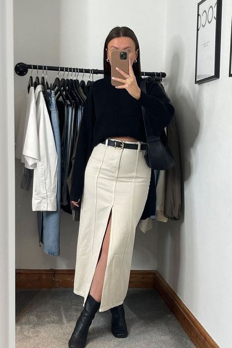 Cream Denim Maxi Skirt, Beige Jeans Skirt Outfit, Beige Jean Skirt Outfit, Cream Denim Maxi Skirt Outfit, White Denim Skirt Outfit Winter, Beige Denim Skirt Outfit, Cream Maxi Skirt Outfit, Cream Denim Skirt Outfit, Cream Skirt Outfit