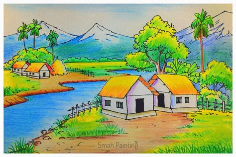 Village Scenery Drawing Pencil, Drawing Of A Village, Village Scene Drawing Pencil Sketch, Village Seen Drawing, A Landscape Drawing, Landscape For Drawing, Drawing Ideas Sencery, Color Pencil Scenery Drawing, Scenery Drawing Colour Pencil Landscapes