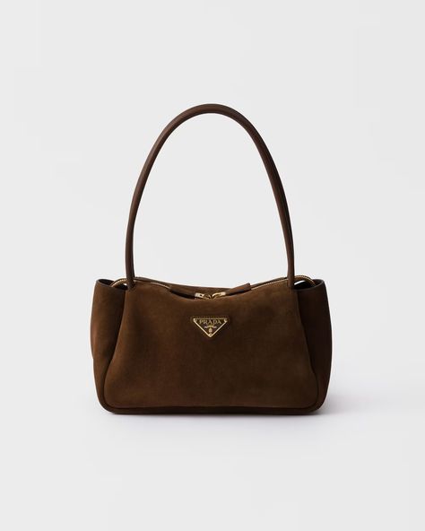 Cocoa Brown Medium Suede Shoulder Bag | PRADA Prada Brown Bag, Prada Suede Bag, Brown Suede Shoulder Bag, Dream Purse, Vintage Prada Bag, Trending Bags, Bag Wishlist, Handbag Ideas, Purse Collection