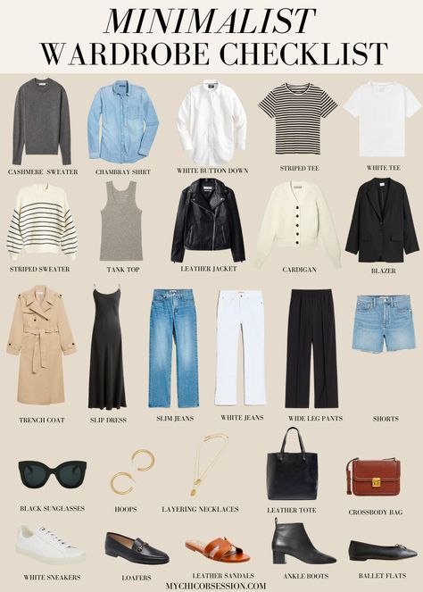 Minimalist Wardrobe Checklist: The Essentials for a Functional, Timeless Wardrobe - MY CHIC OBSESSION Minimalist Wardrobe Checklist, Wardrobe Checklist, Minimalist Wardrobe Capsule, Minimalist Wardrobe Essentials, Capsule Wardrobe Checklist, Capsule Wardrobe Casual, Capsule Wardrobe Women, Fashion Staples, Classic Capsule Wardrobe