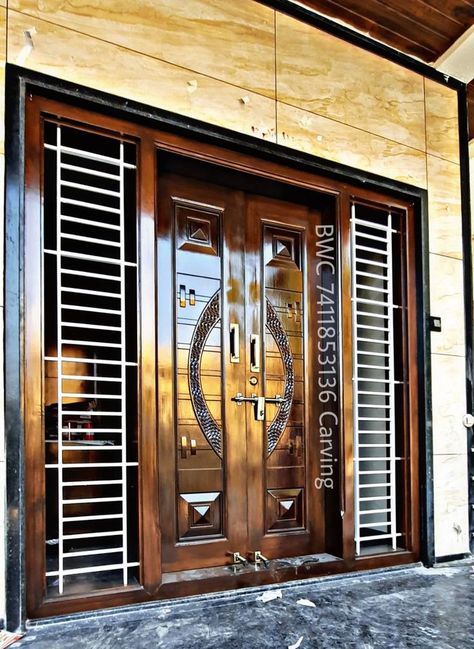 Front Door Design Wood Modern Double Door, Chokhat Design Door, Double Door Main Entrance Design, Wooden Main Double Door Design, Modern Double Doors Entrance, Indian Main Door Designs, Main Door Design Photos, Latest Door Designs, House Front Door Design