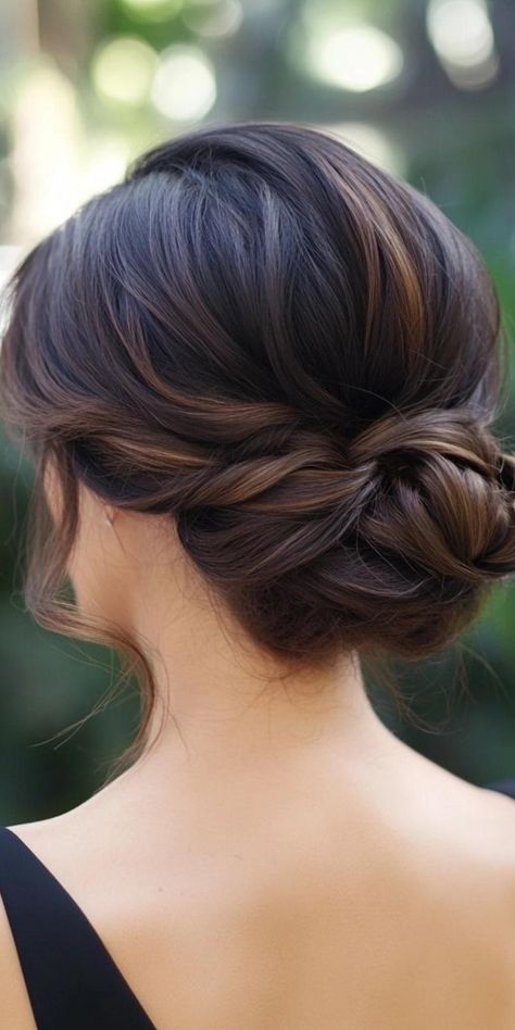 Looking for an easy updo for shoulder-length hair? Try this low bun with face-framing strands. It�s a simple style that adds a touch of elegance to your look without being too fussy. Perfect for any occasion, from a casual day out to a formal event. Wedding Hair Shoulder Length Updo, Bridesmaid Updo Shoulder Length Hair, Bridal Hair Updo Brown Hair, Bridal Hairstyles Updo Elegant, Bridal Updo Medium Length Hair, Front View Updo Hairstyles, Up Dos For Shoulder Length Hair, Shoulder Length Hair Updo Wedding, Formal Updos For Medium Length Hair Wedding