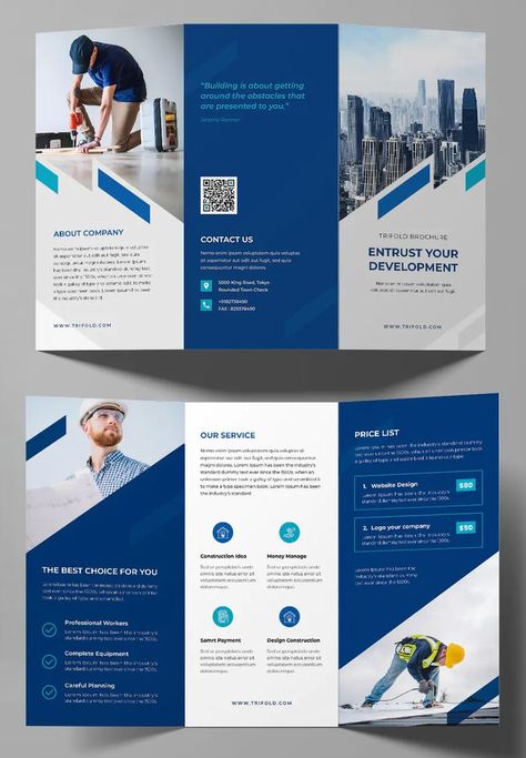 Construction Trifold Brochure Template INDD Construction Trifold Brochure Design, Company Pamphlet Design, Modern Trifold Brochure Design, Corporate Trifold Brochure Design, Brochures Design Ideas, Broucher Ideas Design, Construction Brochure Design, Trifold Flyer Design, Business Pamphlet