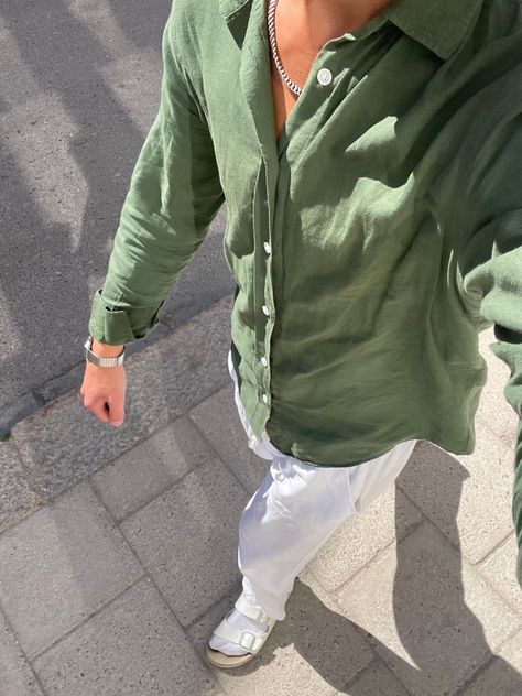 Green Shirt Outfits, Linen Shirt Outfit, Vacation Outfits Men, Spiritual Fashion, Guys Fits, Boyfriend Outfit, Shirt Outfit Men, Guy Fits, Classy Outfits Men