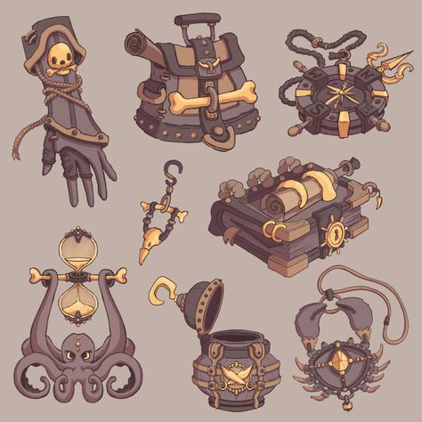 Pirate Props Concept Art, Asset Concept Art, Steampunk Props Concept Art, Animation Prop Design, Fantasy Props Art, Stylized Props Concept Art, Game Props Concept, Pirates Concept Art, Prop Design Concept Art