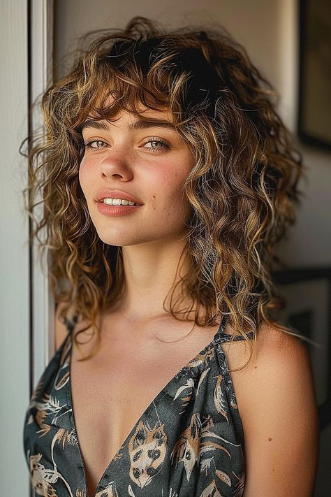 25 Curly Shaggy Hair Ideas That Will Make You Want to Chop Your Locks Today! Shaggy Curly Hair Round Face, Modern Shag Curly Hair, Curly Shag Haircut With Bangs, Curly Hair Cuts Shoulder Length, Shaggy Perm, Shaggy Curly Hair Medium, Curly Hair Shag Haircut, Shaggy Wavy Hair, Curly Shaggy Hair