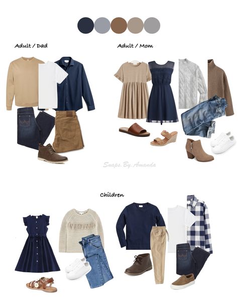 Outfit inspo for family photos Navy Family Pictures Outfits Fall, Navy Tan And Cream Family Pictures, Blue Grey Tan Family Pictures, Navy Dress Family Photos, Christmas Blue Outfit Family, Blue Cream Brown Family Photos, Fall Photoshoot Outfits Family Denim, Navy Fall Photo Outfits, Family Photos Navy And White