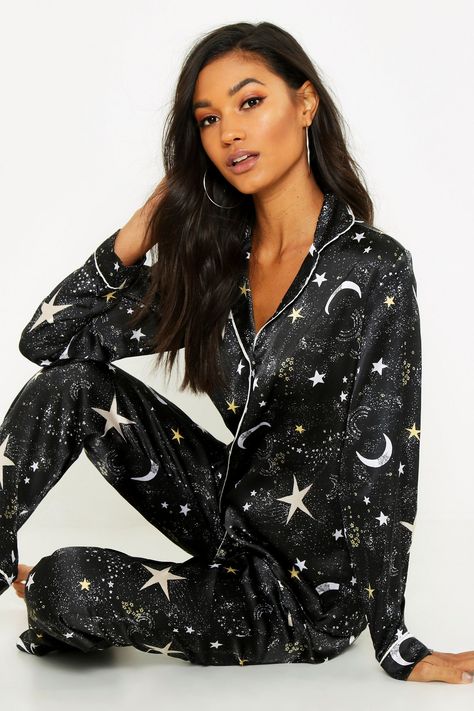 Galaxy Star Pj Pants Set | boohoo Silky Pajamas, Luxe Loungewear, Satin Pj Set, Halloween Pajamas, Galaxies Stars, Satin Pyjama Set, Pj Pants, Satin Pajamas, Pyjama Set