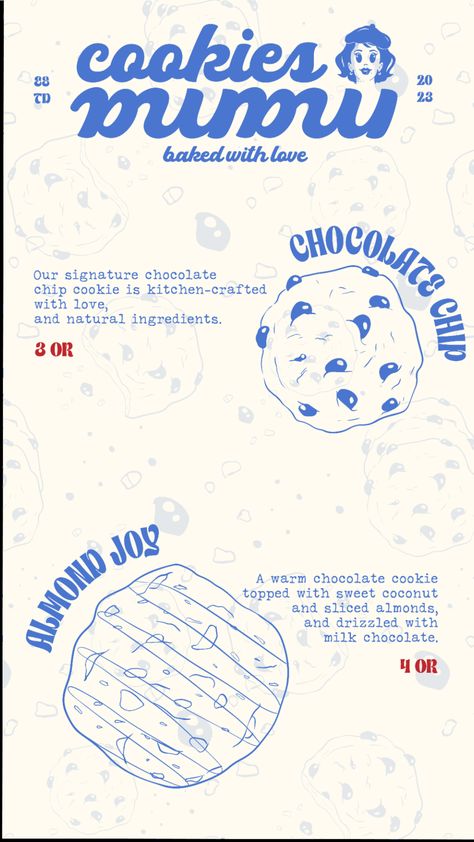 Cookies Menu Design Ideas, Cookie Menu Design, Cookies Brand, Bakery Branding Design, Menu Design Layout, Cookie Factory, Cafe Menu Design, London Illustration, Cookies Branding