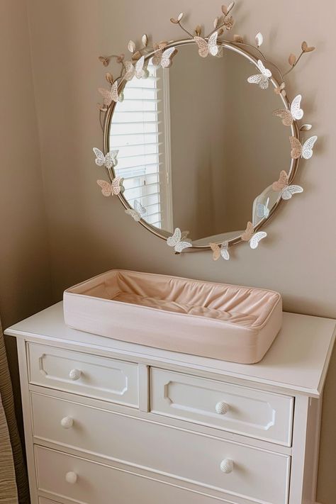 a mirror with butterfly around the frame Butterfly Nursery Ideas, Purple Baby Rooms, Enchanted Butterfly, Butterfly Nursery Decor, About Butterflies, Nursery Decor Ideas, Girly Nursery, Elegant Nursery