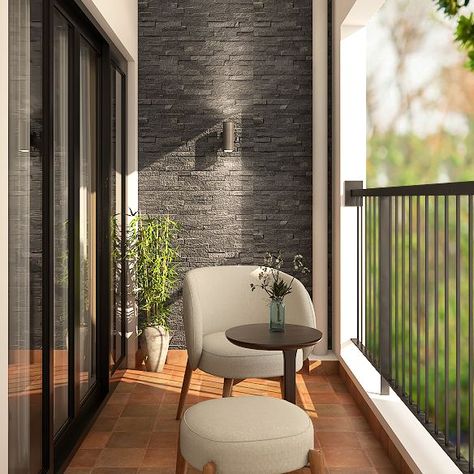 Balcony Design With Stone Cladding Wall Balcony Walls Ideas, Wooden Tiles Flooring Balcony, Bedroom Balcony Door Ideas, Balcony Floor Tiles Design, Balcony Wall Tiles Ideas, Tiles For Balcony Walls, Small Balcony Tiles Floors, Wall Tiles For Balcony, Balcony Partition Ideas