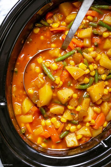 Slow Cooker Vegetable Soup - #vegetable #soup #recipe #slowcooker #eatwell101 - Enjoy Slow Cooker Vegetable Soup Recipe for an easy dinner. Throw everything into the crock pot for a veggie soup full of flavor! - #recipe by #eatwell101® Crockpot Veggie Noodle Soup, Weight Watchers Vegetable Soup, Slow Cooker Vegetable Soup, Soup Recipes Uk, Crockpot Vegetable, Vegetable Soup Crock Pot, Vegetarian Slow Cooker, Slow Cooker Soup Recipes, Veggie Soup Recipes