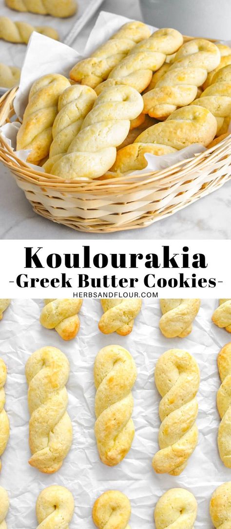 Koulourakia are traditional Greek Easter Cookies that are always made around this time of year! This simple recipe uses basic ingredients to create a buttery crisp cookie that is ideal for dunking in tea or coffee! Koularakia Cookies, Greek Twist Cookies, Greek Easter Cookies Recipes, Greek Cookie Recipes, Koulourakia Recipe Greek Cookies, Simple Greek Recipes, Greek Easter Desserts, Greek Cookies Koulourakia, Easy Greek Dessert Recipes