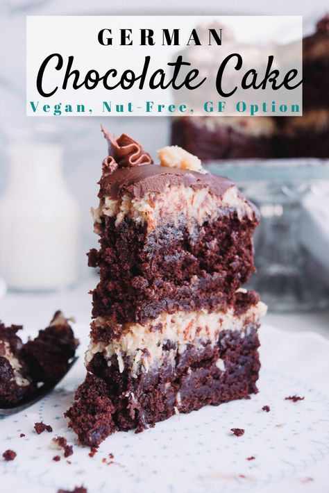 Vegan German Chocolate Cake -- This decadent cake recipe is the most amazing Gluten free & allergy friendly German Chocolate recipe around! Moist chocolate cake layered with coconut frosting and topped with a rich chocolate ganache. #vegan #baking #chocolatecake #peanutfree #chocolate #coconut #eggfree #dairyfree |www.allergylicious.com Dairy Free German Chocolate Cake, Vegan German Chocolate Cake, Gluten Free German Chocolate Cake, Vegan Gluten Free Cake, Cake Chorizo, German Chocolate Cake Recipe, Coconut Frosting, Vegan Chocolate Cake, Vegan Cakes