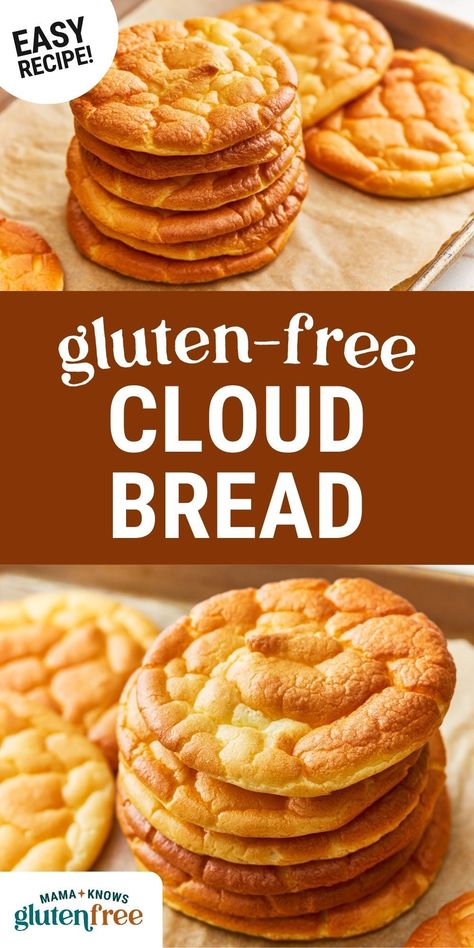 This cloud bread recipe is a game-changer! With just three ingredients, you can create the lightest, fluffiest bread that's gluten-free, low-carb, and keto-friendly. Perfect for sandwiches, pizzas, or a quick snack. Easy Cloud Bread Recipe, Mama Knows Gluten Free, Cloud Bread Recipe, Gluten Free Pita, Bookcase Hack, Gluten Free Stuffing, Bread Substitute, Gluten Free Sides, Gluten Free Donuts