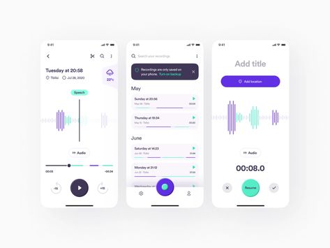 Voice App, Journal App, Wireframe Design, Card Ui, Voice Recorder, Audio Player, Mobile App Ui, App Interface, App Design Inspiration