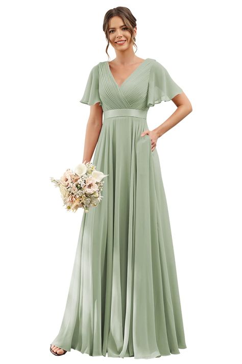 PRICES MAY VARY. Featured 100D Chiffon Fabric, 100% Polyester Lining Imported ruched v neck empire waist chiffon long bridesmaid dresses Corset (Lace-up) closure Hand Wash Only ❀【Features】Elegant v neck bridesmaid dress with pockets, aline empire waist floor length bridesmaid dress is a pleasing pick, this gorgeous ruched chiffon bridesmaid dress will magnify your beauty and you know you deserve the best! ❀【Delivery Time】The processing time is about 1-3 days, you can choose the Standard Shipping Bridesmaid Dresses Corset, Formal Dress With Pockets, V Neck Bridesmaid Dress, Dresses Corset, Long Formal Dress, Chiffon Bridesmaid Dress, Long Bridesmaid Dresses, Dress With Pockets, Flutter Sleeves